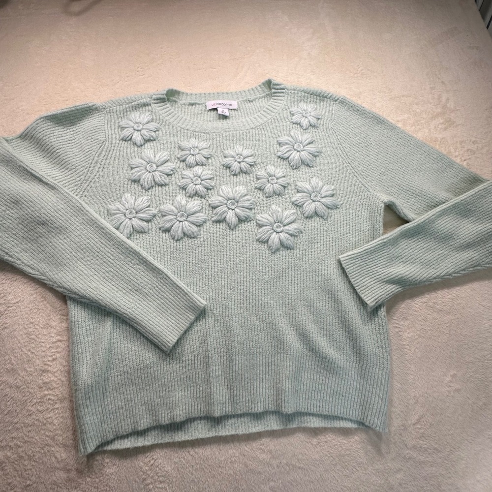 Liz Claiborne Mint Green Floral Applique Ribbed Crewneck Sweater Womens Medium